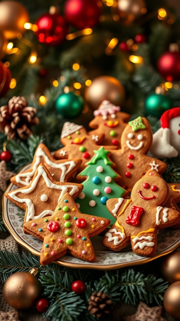Decorated gingerbread cookies in festive shapes on a plate with holiday decorations.